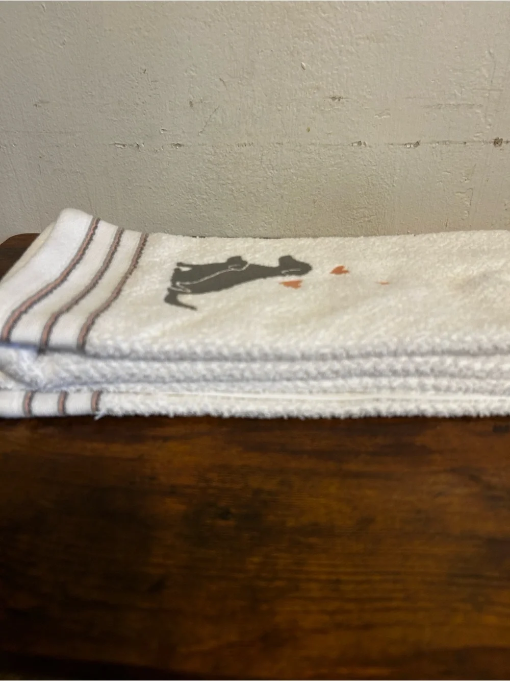 White Hand Towel with Gray Dog and Peach Hearts